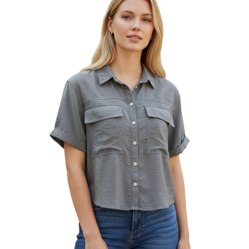 Madewell Gray Utility Shirt Women’s Medium Short Sleeve Button Front Pockets